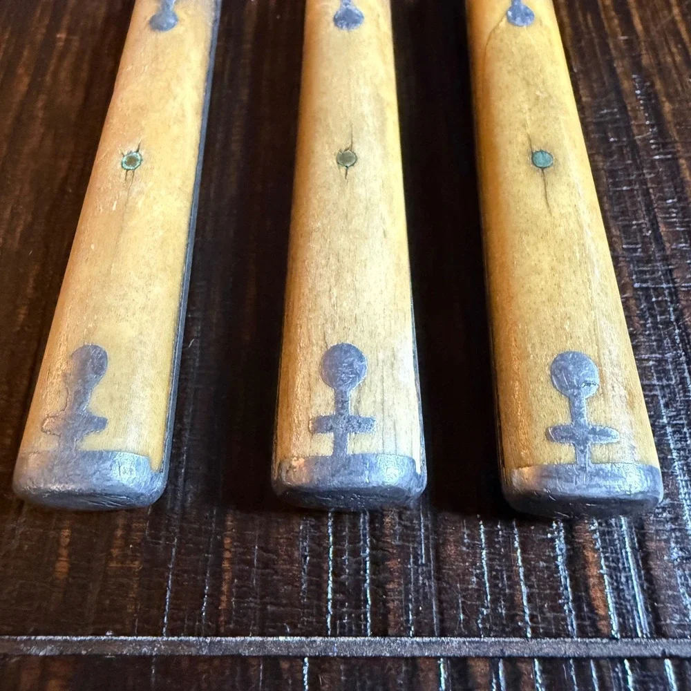 Antique Primitive Bone Handle Forks Set of 3 Pewter Inlay Rustic Flatware 7.25